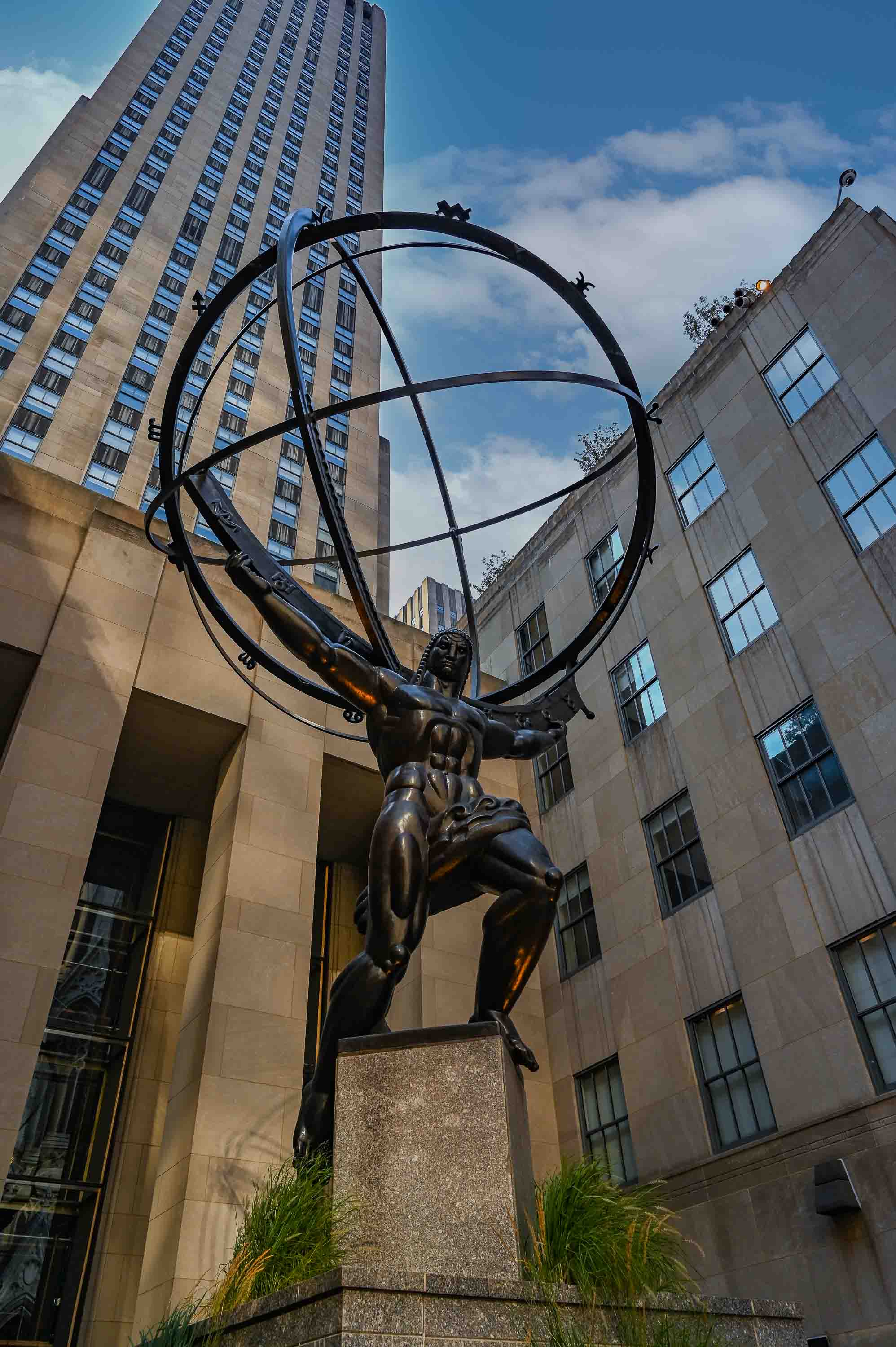 The Atlas sculpture, by Lee Lawrie, at the entrance of the International Building.